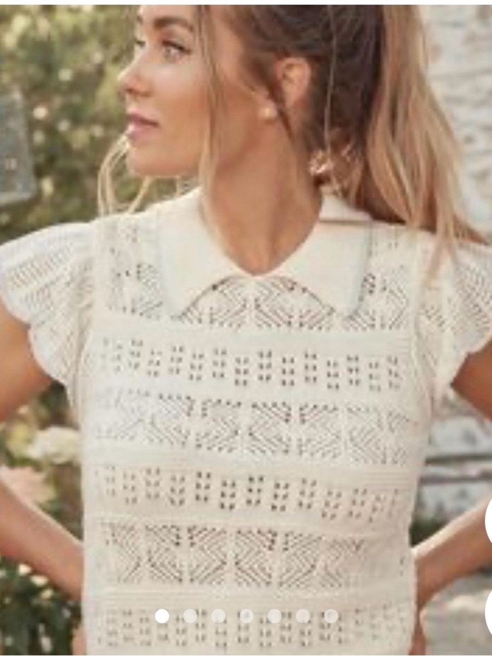 LC Lauren Conrad Cream  Openwork Knit Collared Short Sleeve crochet Sweater